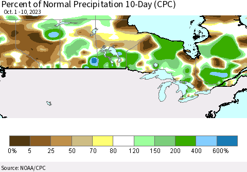 Canada Percent of Normal Precipitation 10-Day (CPC) Thematic Map For 10/1/2023 - 10/10/2023