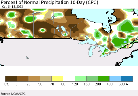 Canada Percent of Normal Precipitation 10-Day (CPC) Thematic Map For 10/6/2023 - 10/15/2023