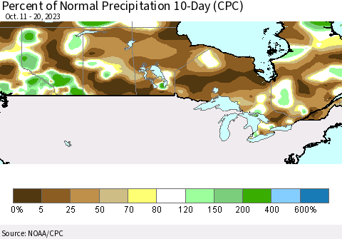 Canada Percent of Normal Precipitation 10-Day (CPC) Thematic Map For 10/11/2023 - 10/20/2023