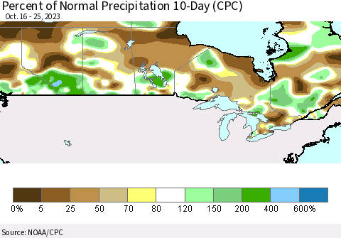 Canada Percent of Normal Precipitation 10-Day (CPC) Thematic Map For 10/16/2023 - 10/25/2023