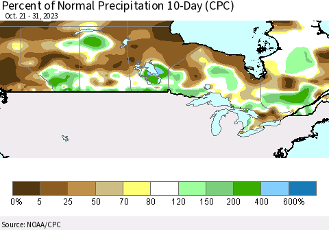 Canada Percent of Normal Precipitation 10-Day (CPC) Thematic Map For 10/21/2023 - 10/31/2023