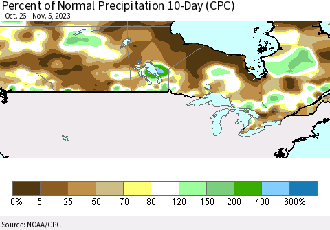 Canada Percent of Normal Precipitation 10-Day (CPC) Thematic Map For 10/26/2023 - 11/5/2023