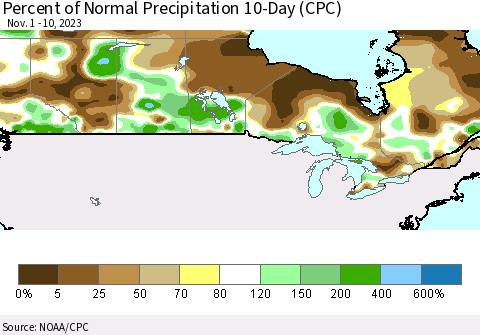 Canada Percent of Normal Precipitation 10-Day (CPC) Thematic Map For 11/1/2023 - 11/10/2023