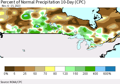 Canada Percent of Normal Precipitation 10-Day (CPC) Thematic Map For 11/6/2023 - 11/15/2023