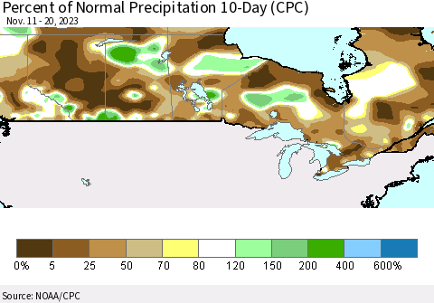 Canada Percent of Normal Precipitation 10-Day (CPC) Thematic Map For 11/11/2023 - 11/20/2023
