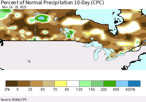 Canada Percent of Normal Precipitation 10-Day (CPC) Thematic Map For 11/16/2023 - 11/25/2023