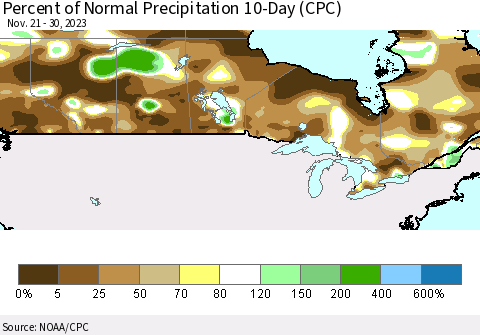 Canada Percent of Normal Precipitation 10-Day (CPC) Thematic Map For 11/21/2023 - 11/30/2023