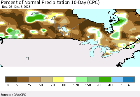 Canada Percent of Normal Precipitation 10-Day (CPC) Thematic Map For 11/26/2023 - 12/5/2023
