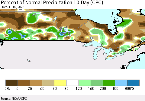 Canada Percent of Normal Precipitation 10-Day (CPC) Thematic Map For 12/1/2023 - 12/10/2023