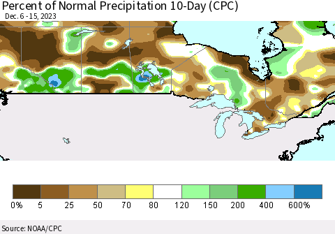 Canada Percent of Normal Precipitation 10-Day (CPC) Thematic Map For 12/6/2023 - 12/15/2023