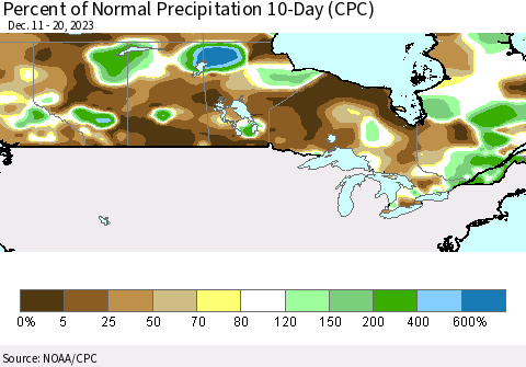Canada Percent of Normal Precipitation 10-Day (CPC) Thematic Map For 12/11/2023 - 12/20/2023