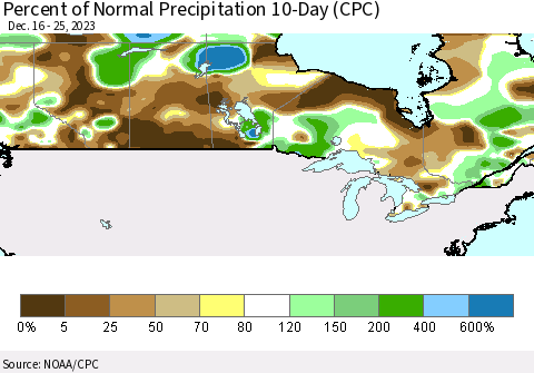 Canada Percent of Normal Precipitation 10-Day (CPC) Thematic Map For 12/16/2023 - 12/25/2023