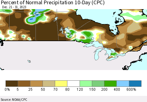 Canada Percent of Normal Precipitation 10-Day (CPC) Thematic Map For 12/21/2023 - 12/31/2023