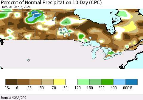 Canada Percent of Normal Precipitation 10-Day (CPC) Thematic Map For 12/26/2023 - 1/5/2024