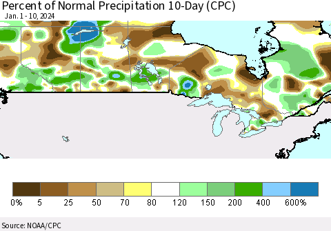 Canada Percent of Normal Precipitation 10-Day (CPC) Thematic Map For 1/1/2024 - 1/10/2024