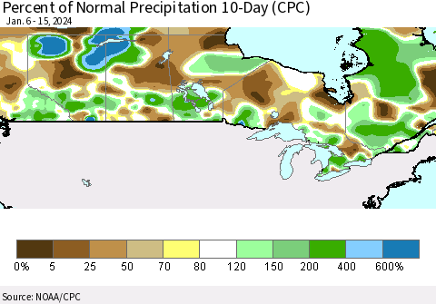 Canada Percent of Normal Precipitation 10-Day (CPC) Thematic Map For 1/6/2024 - 1/15/2024