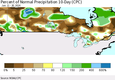 Canada Percent of Normal Precipitation 10-Day (CPC) Thematic Map For 1/11/2024 - 1/20/2024