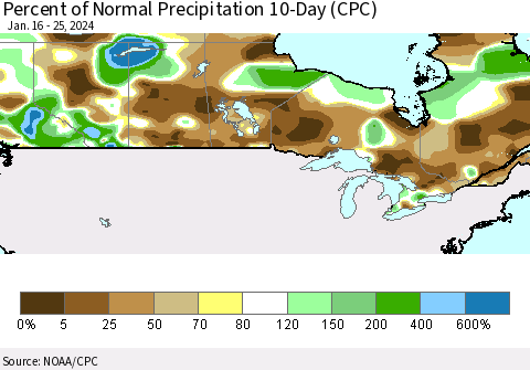Canada Percent of Normal Precipitation 10-Day (CPC) Thematic Map For 1/16/2024 - 1/25/2024