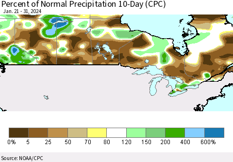 Canada Percent of Normal Precipitation 10-Day (CPC) Thematic Map For 1/21/2024 - 1/31/2024