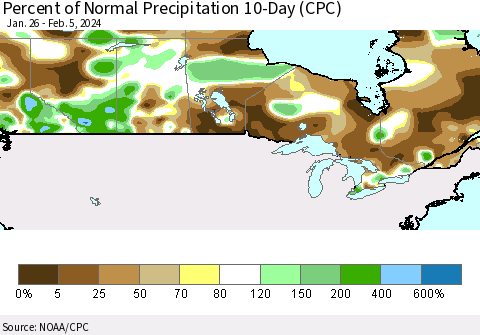 Canada Percent of Normal Precipitation 10-Day (CPC) Thematic Map For 1/26/2024 - 2/5/2024