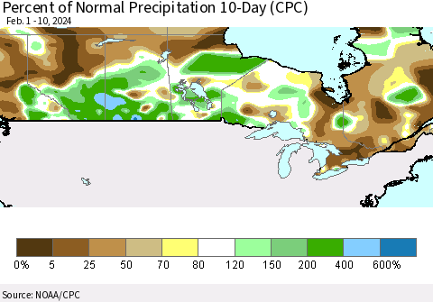 Canada Percent of Normal Precipitation 10-Day (CPC) Thematic Map For 2/1/2024 - 2/10/2024