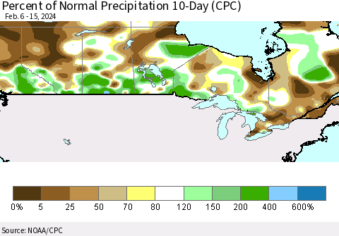 Canada Percent of Normal Precipitation 10-Day (CPC) Thematic Map For 2/6/2024 - 2/15/2024