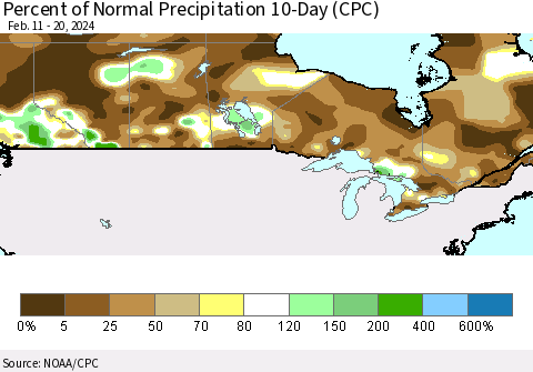 Canada Percent of Normal Precipitation 10-Day (CPC) Thematic Map For 2/11/2024 - 2/20/2024
