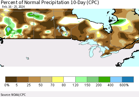 Canada Percent of Normal Precipitation 10-Day (CPC) Thematic Map For 2/16/2024 - 2/25/2024