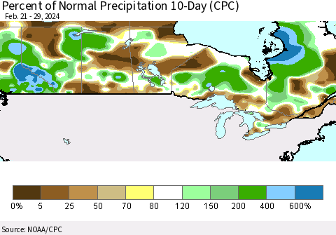 Canada Percent of Normal Precipitation 10-Day (CPC) Thematic Map For 2/21/2024 - 2/29/2024