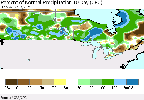 Canada Percent of Normal Precipitation 10-Day (CPC) Thematic Map For 2/26/2024 - 3/5/2024