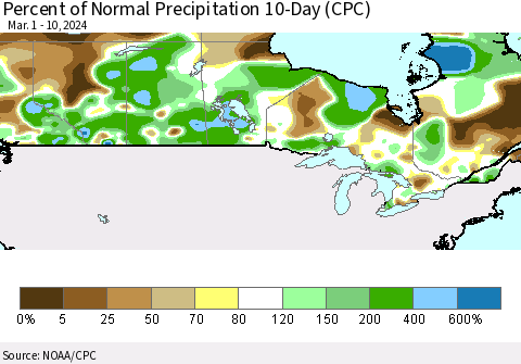 Canada Percent of Normal Precipitation 10-Day (CPC) Thematic Map For 3/1/2024 - 3/10/2024