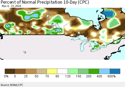 Canada Percent of Normal Precipitation 10-Day (CPC) Thematic Map For 3/6/2024 - 3/15/2024