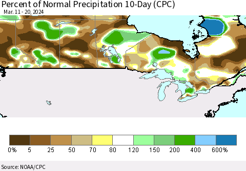 Canada Percent of Normal Precipitation 10-Day (CPC) Thematic Map For 3/11/2024 - 3/20/2024