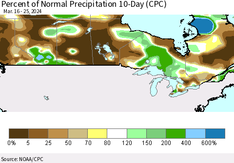 Canada Percent of Normal Precipitation 10-Day (CPC) Thematic Map For 3/16/2024 - 3/25/2024