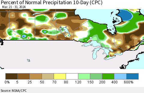 Canada Percent of Normal Precipitation 10-Day (CPC) Thematic Map For 3/21/2024 - 3/31/2024