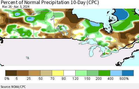 Canada Percent of Normal Precipitation 10-Day (CPC) Thematic Map For 3/26/2024 - 4/5/2024