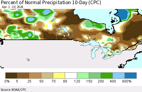 Canada Percent of Normal Precipitation 10-Day (CPC) Thematic Map For 4/1/2024 - 4/10/2024