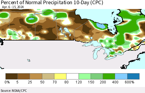 Canada Percent of Normal Precipitation 10-Day (CPC) Thematic Map For 4/6/2024 - 4/15/2024