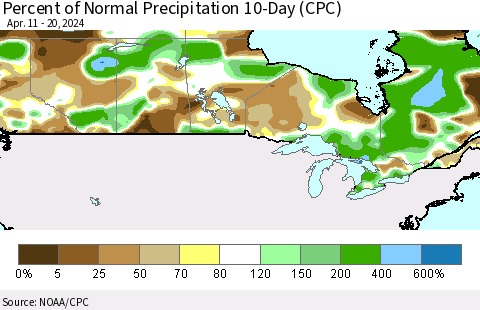 Canada Percent of Normal Precipitation 10-Day (CPC) Thematic Map For 4/11/2024 - 4/20/2024