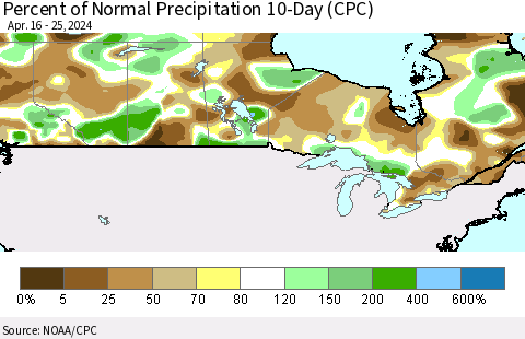 Canada Percent of Normal Precipitation 10-Day (CPC) Thematic Map For 4/16/2024 - 4/25/2024