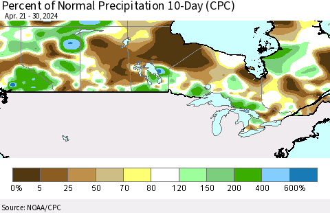 Canada Percent of Normal Precipitation 10-Day (CPC) Thematic Map For 4/21/2024 - 4/30/2024