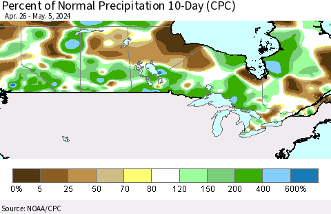 Canada Percent of Normal Precipitation 10-Day (CPC) Thematic Map For 4/26/2024 - 5/5/2024