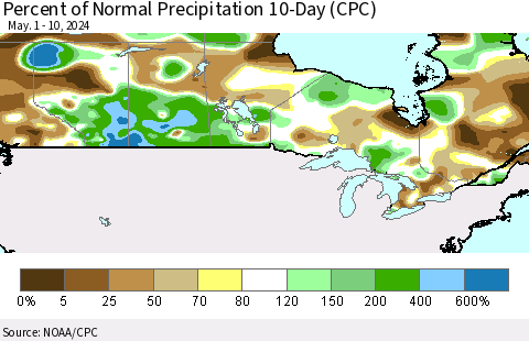 Canada Percent of Normal Precipitation 10-Day (CPC) Thematic Map For 5/1/2024 - 5/10/2024