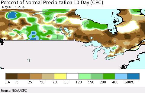 Canada Percent of Normal Precipitation 10-Day (CPC) Thematic Map For 5/6/2024 - 5/15/2024