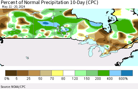 Canada Percent of Normal Precipitation 10-Day (CPC) Thematic Map For 5/11/2024 - 5/20/2024