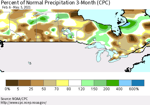 Canada Percent of Normal Precipitation 3-Month (CPC) Thematic Map For 2/6/2021 - 5/5/2021