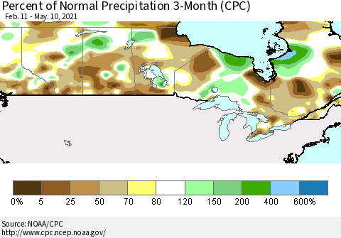 Canada Percent of Normal Precipitation 3-Month (CPC) Thematic Map For 2/11/2021 - 5/10/2021