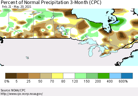 Canada Percent of Normal Precipitation 3-Month (CPC) Thematic Map For 2/21/2021 - 5/20/2021