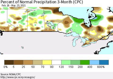 Canada Percent of Normal Precipitation 3-Month (CPC) Thematic Map For 2/26/2021 - 5/25/2021