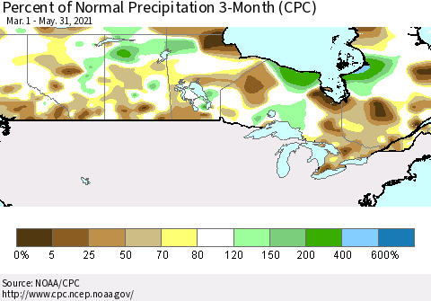 Canada Percent of Normal Precipitation 3-Month (CPC) Thematic Map For 3/1/2021 - 5/31/2021
